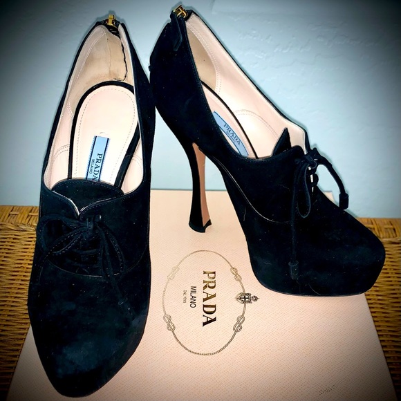 Prada Black Suede Oxfords Lace Up Platform Pumps Sz 37.5 - Picture 1 of 8